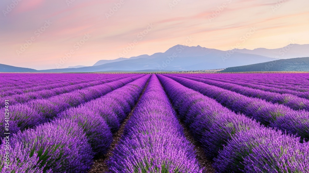 Obraz premium Beautiful Lavender Field Under Soft Pastel Sky at Dusk with Majestic Mountains in the Background