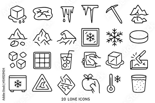 Ice and Winter Themed Line Icons Set. Ice, frozen, winter, cold, snowflake, iceberg, mountain, melting, icicle, pickaxe, hockey puck, ice cube, water, glass, drink, freezer, warning, slippery, thermom