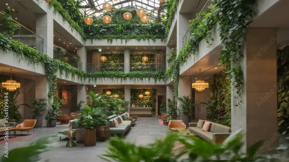 Lush indoor hotel lobby with green walls foliage modern furniture and multistory atrium Lush indoor hotel lobby with green walls foliage modern furniture and multistory atrium