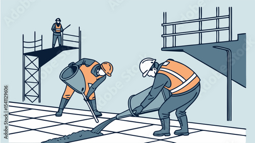 Construction Workers Pouring Concrete and Supervising on Site.