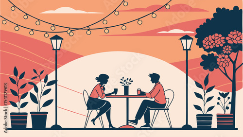 Couple Enjoying Drinks at Outdoor Cafe with Lanterns.