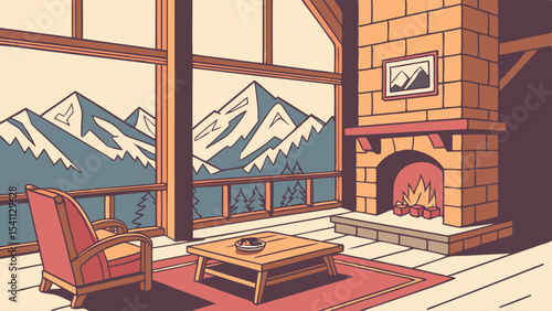Cozy Cabin Interior with Fireplace and Mountain View Illustration.