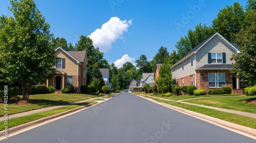 Serene Suburban Neighborhood on a Sunny Day with Clear Blue Sky and Lush Green Trees