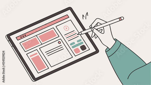 Hand using stylus on tablet displaying webpage design.