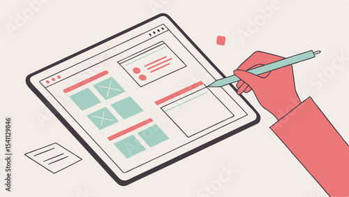 Hand using stylus on tablet displaying website wireframe design.