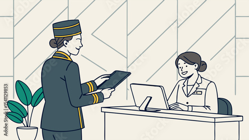 Hotel Bellhop and Receptionist at Desk with Computer Illustration.