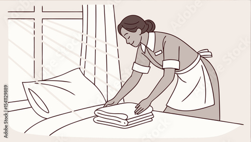 Housekeeper Tucks Fresh Towels on a Bed.