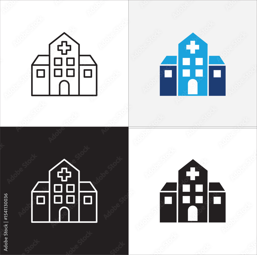 Fototapeta premium Healthcare icon. Hospital icon. Icon symbol of clinic, health center, hospital building, red cross, medication place. Vector illustration. Thin line and flat solid design.