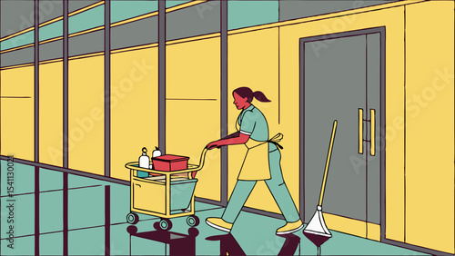 Janitor Pushing Cleaning Cart Down Corridor.