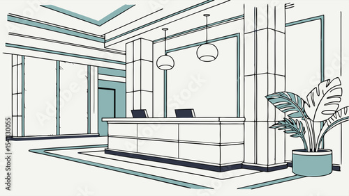 Modern Reception Area with Plant and Hanging Lights Illustration.