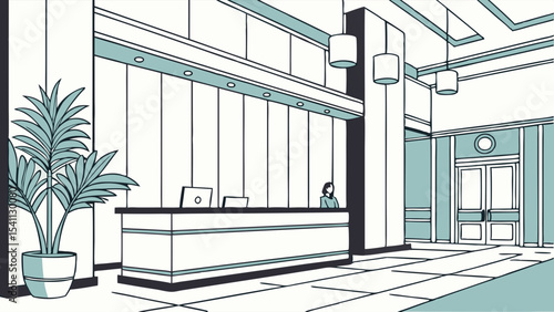 Modern Reception Area with Receptionist and Plant Illustration.