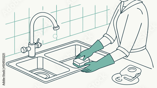 Person Cleaning Kitchen Sink with Sponge and Gloves.