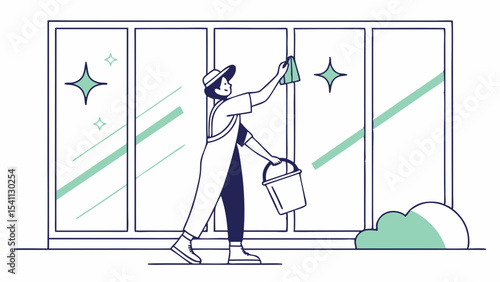 Person Cleaning Large Window with Bucket and Cloth.