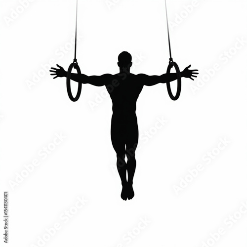 Silhouette of gymnast with arms extended on rings. Suited for strength, balance, crossfit, gymnastics training, and athletic body posture themes.