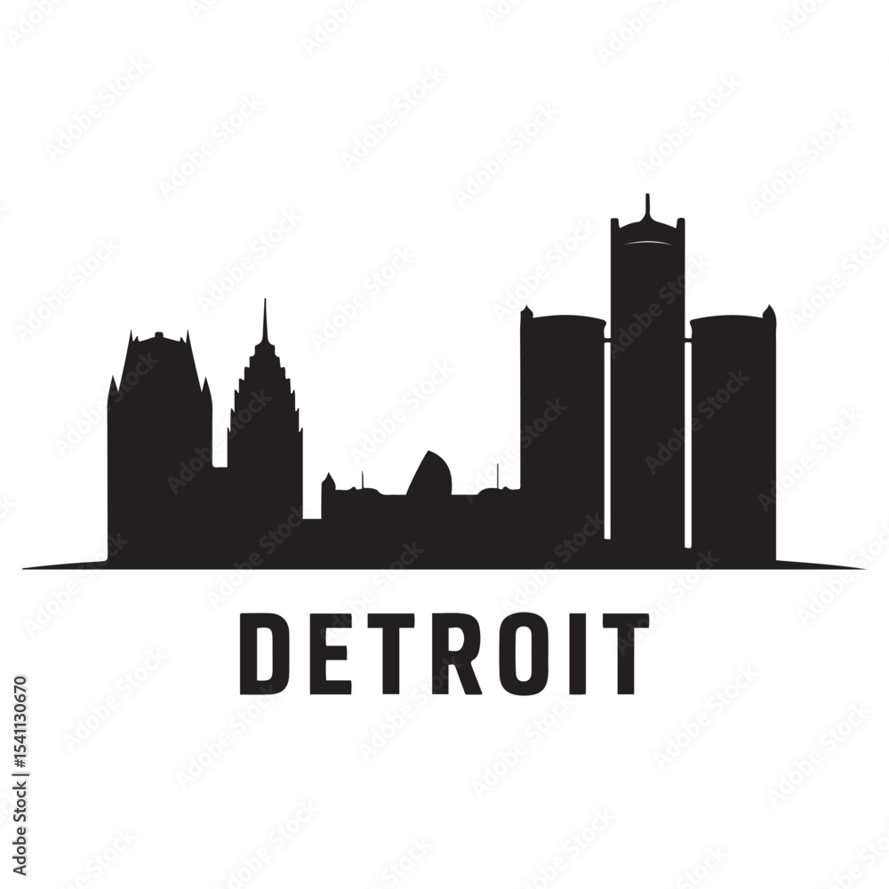 Naklejka premium Detroit, USA skyline and landmarks. Vector black silhouette. with white background