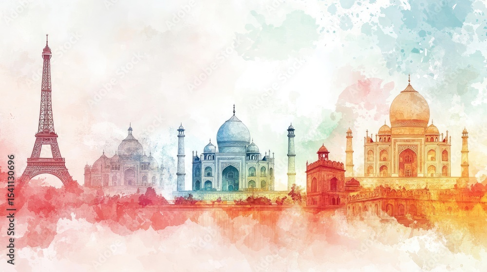 Obraz premium Watercolor illustration of world landmarks.