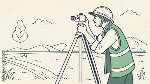 Surveyor in Safety Vest Observing Landscape with Theodolite.
