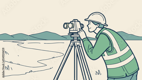 Surveyor using a theodolite on a landscape wearing safety gear.