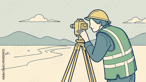 Surveyor using Theodolite in Landscape.