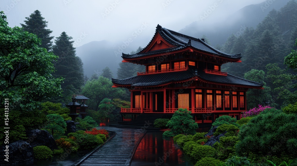 Obraz premium Serene Japanese Temple at Dusk Surrounded by Lush Greenery and Misty Mountains in Tranquil Atmosphere