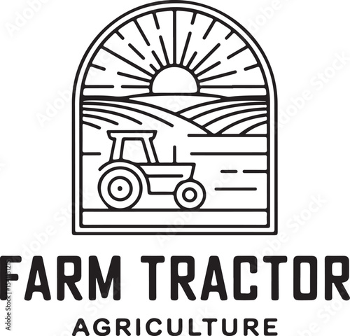 Farm Tractor Agriculture Line Art Design of a Tractor in a Field at Sunrise