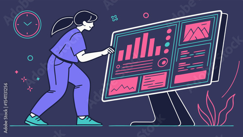 Woman analyzing data on a large computer screen with charts.