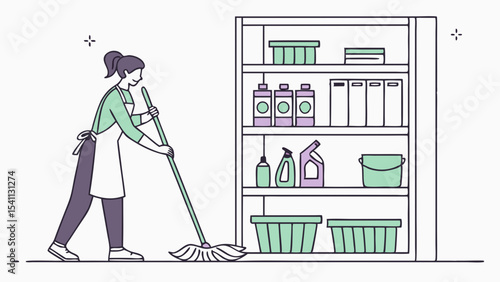 Woman Cleaning Floor with Mop Near Cleaning Supplies Shelf.