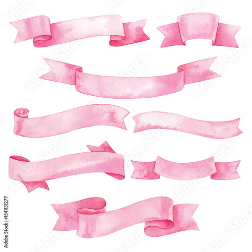Pink ribbon banners collection. Big ribbons set. Ribbons collection isolated on white background. hand draw watercolor.