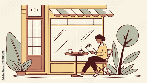 Woman Reading a Book at an Outdoor Cafe Table 1.