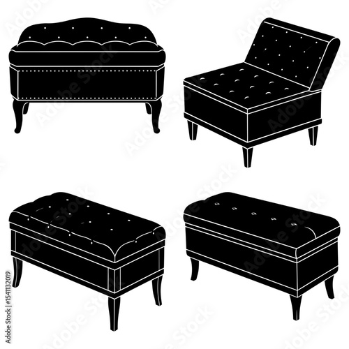 Illustration of four different styles of upholstered storage benches in black and white silhouette style