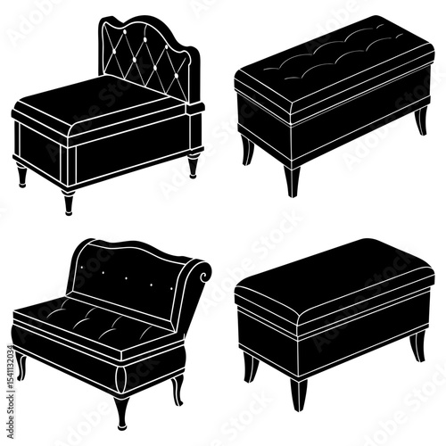 Illustration of four different styles of upholstered benches and ottomans in a black and white style