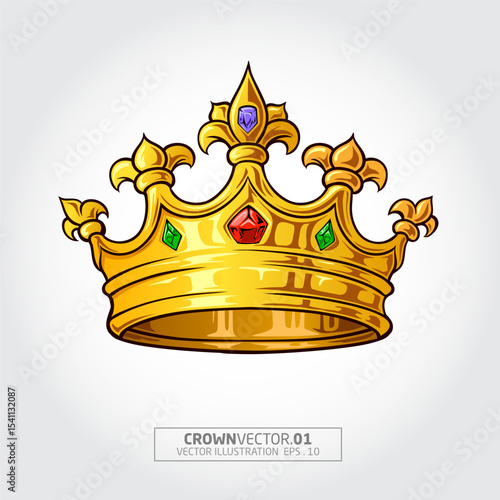 Crown Vector Illustration. Crown in realistic design, golden royal jewelry symbol of king queen and princess, isolated icon. Sign of crowning prince authority. 