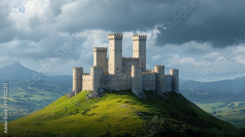 Majestic Medieval Castle on a Hill Surrounded by Lush Green Landscape under Dramatic Cloudy Sky