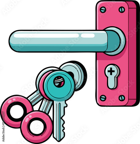 Cartoon Door Handle, Keys, and Lock in Vibrant Pink and Teal Colors.