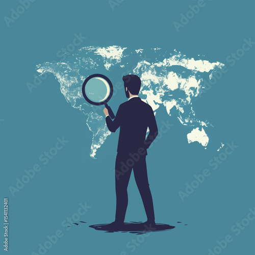 Businessman exploring world with magnifying glass, vector style simple color