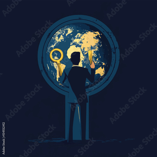 Businessman with golden key unlocking global market opportunities world earth keyhole concept vector illustration growth success international business , vector style simple color
