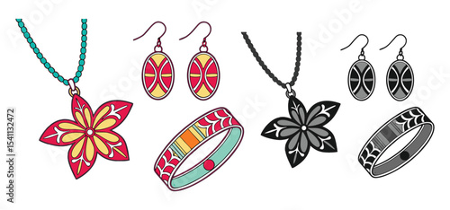 Colorful and monochrome jewelry designs including necklaces earrings and bracelets isolated on a white background