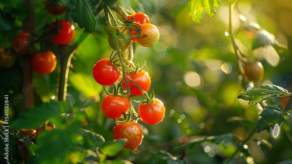 Fototapeta premium A close-up of ripe and juicy cherry tomatoes still on the vine with their vibrant red color shining under the sunlight against a backdrop of green leaves