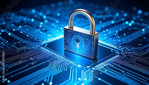 Padlock on digital circuit board.