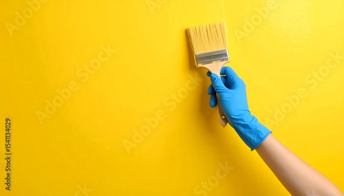 Painting a yellow wall with a brush.