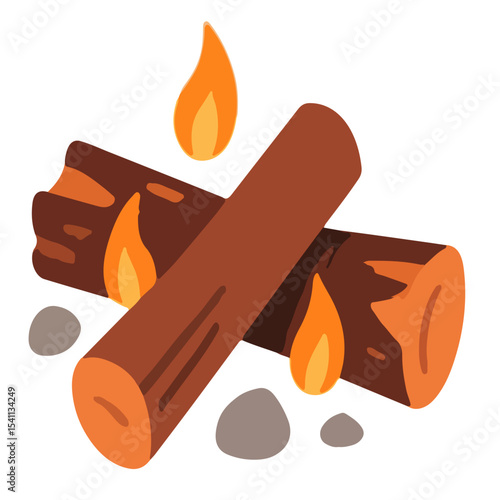 Illustration of a campfire featuring burning logs and flames, with rocks.