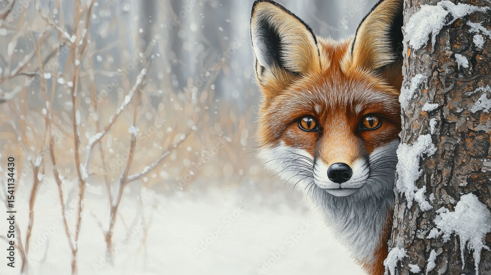 Fototapeta premium Elegant Red Fox Peeking from Behind Tree in Snowy Woodland Setting with Soft Focus Background