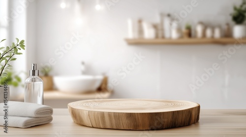 Natural Wooden Slab for Skincare Product Mockup in Minimalist Bathroom