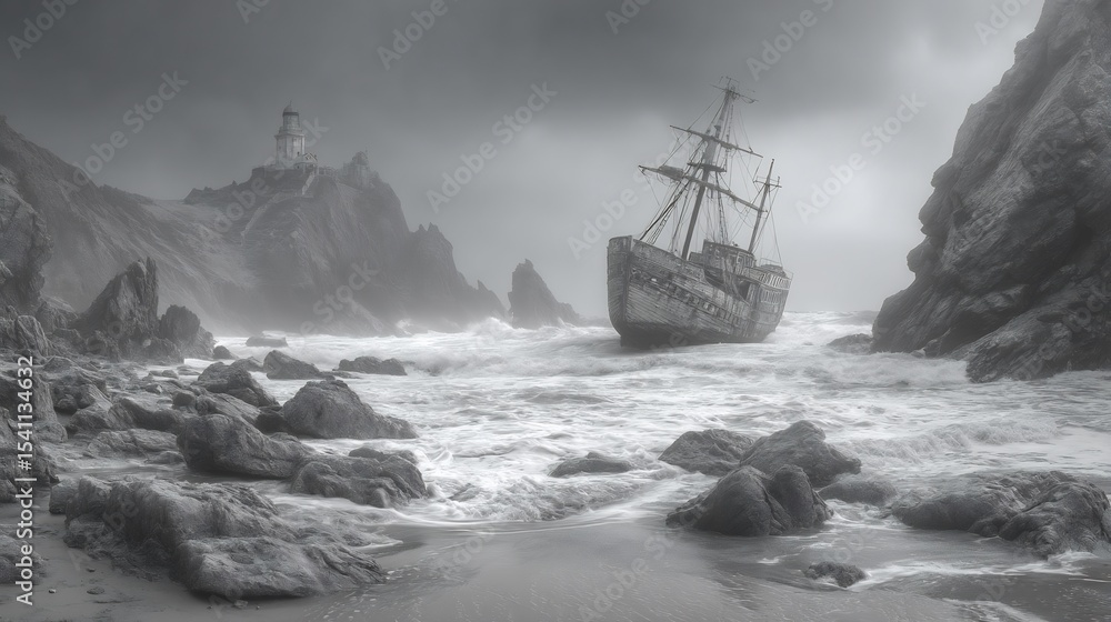 Obraz premium Shipwreck on a Misty Coast: A Monochromatic Seascape
