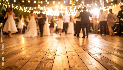 People dancing on wooden floor with lights.