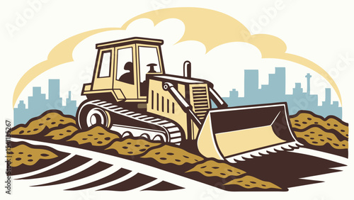 Bulldozer Operating on Construction Site near Cityscape.