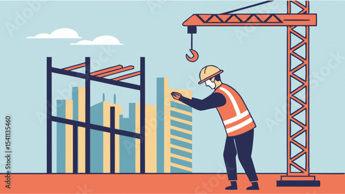 Construction Worker Inspecting Building Frame and Crane.