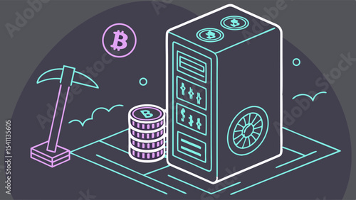Cryptocurrency Mining Setup with Bitcoin Pickaxe Server and Coins.