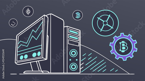 Cryptocurrency Trading and Data Analysis Computer System Illustration.