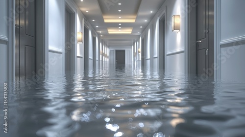 Hotel hallway flooded with water.